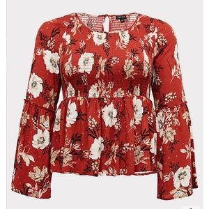 TORRID-RED TERRACOTTA FLORAL CRINKLED GAUZE MIDI BABYDOLL TOP